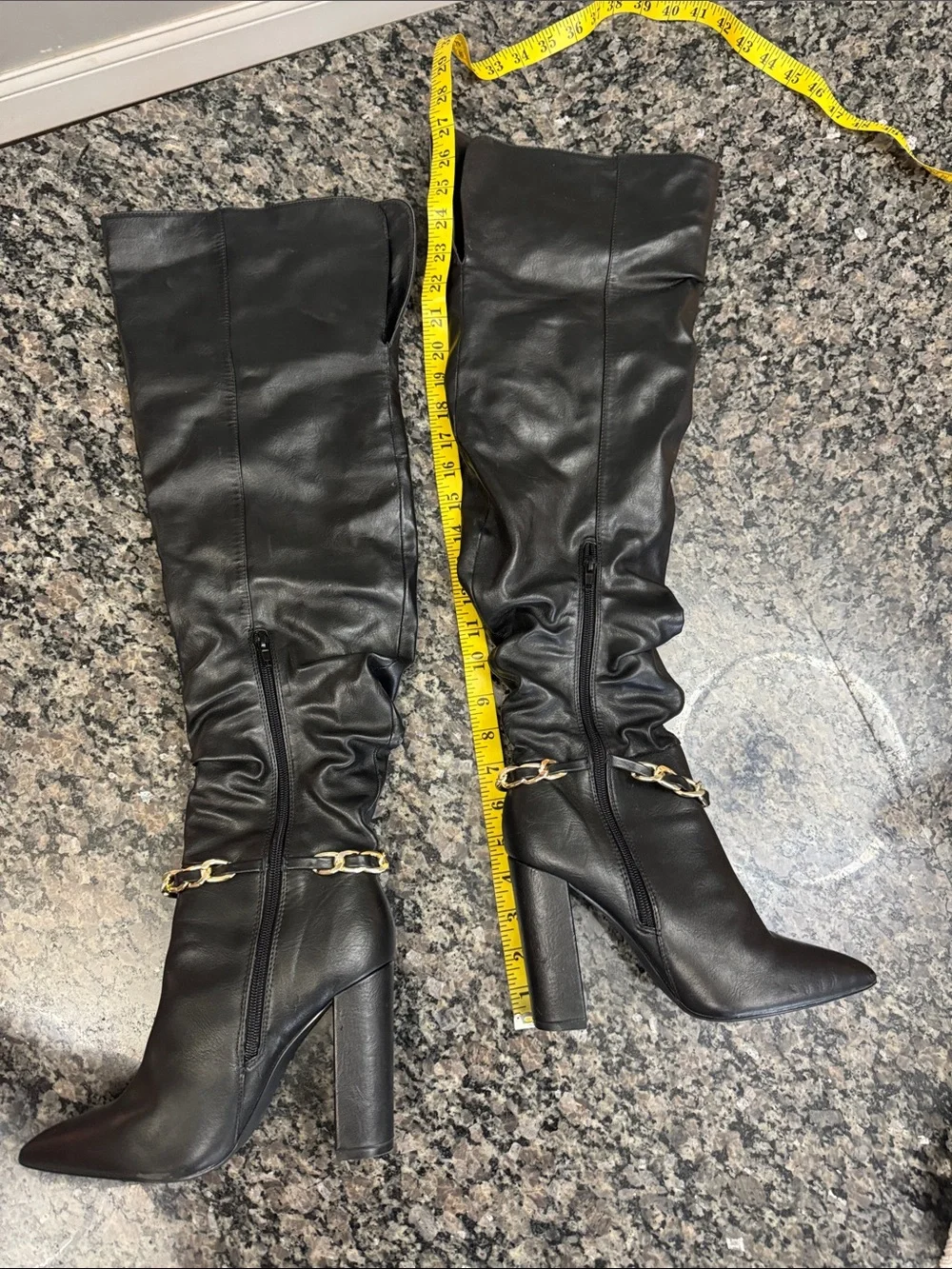 Shoe Dazzle Thelma Black Over-the-Knee Pointed Toe Boots with Gold Chain